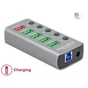 Delock USB 3.2 Gen 1 hub cu 4 porturi   1 port de încărcare rapidă cu întrerupător și lumină