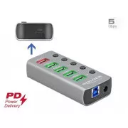 Hub Delock USB 3.2 Gen 1 cu 4 porturi   1 port de încărcare rapidă   1 port USB-C™ PD 3.0 cu întrerupător și lumină