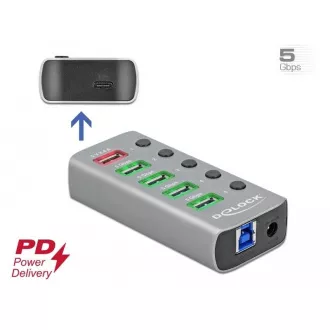 Hub Delock USB 3.2 Gen 1 cu 4 porturi   1 port de încărcare rapidă   1 port USB-C™ PD 3.0 cu întrerupător și lumină