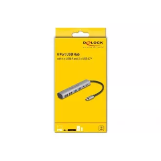 Delock hub USB cu 6 porturi cu 4 x mufe USB Type-A și cu 2 x mufe USB Type-C™