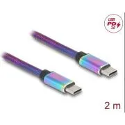 Cablu USB 2.0 Delock, USB Type-C™ mascul la mascul, cu manta metalică curcubeu, PD 3.0, 60 W, 2 m