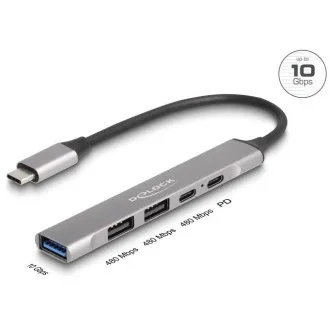 Hub USB Type-C™ subțire cu 4 porturi Delock, cu 1 x USB 10 Gbps Tip-A + 2 x USB 2.0 Tip-A + 1 x USB 2.0 USB Type-C™ și PD 9 Hub USB Type-C™ subțire cu 4 porturi Delock, cu 1 x USB 10 Gbps Tip-A + 2 x USB 2.0 Tip-A + 1 x USB 2.0 USB Type-C™ și PD 9