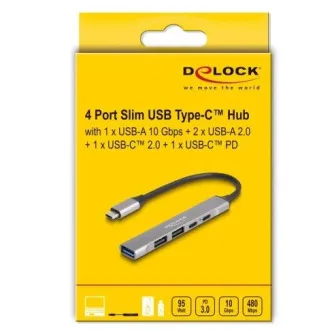 Hub USB Type-C™ subțire cu 4 porturi Delock, cu 1 x USB 10 Gbps Tip-A + 2 x USB 2.0 Tip-A + 1 x USB 2.0 USB Type-C™ și PD 9 Hub USB Type-C™ subțire cu 4 porturi Delock, cu 1 x USB 10 Gbps Tip-A + 2 x USB 2.0 Tip-A + 1 x USB 2.0 USB Type-C™ și PD 9