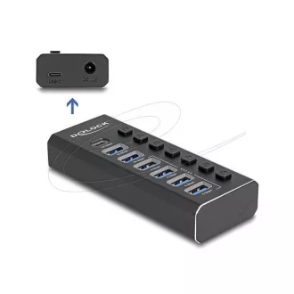 Hub USB Delock cu 7 porturi, 4 porturi de 10 Gb/s și 4 porturi pentru încărcare rapidă, cu comutator și iluminare