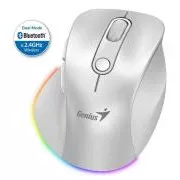 Mouse Genius Ergo 9000S Pro, wireless, optic, 2400 DPI, 6 butoane, BT, 2,4 GHz, încărcare USB-C, silențios, iluminare de fundal în 7 culori, alb