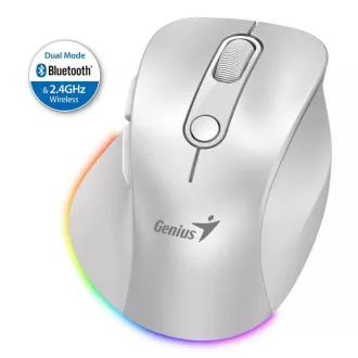 Mouse Genius Ergo 9000S Pro, wireless, optic, 2400 DPI, 6 butoane, BT, 2,4 GHz, încărcare USB-C, silențios, iluminare de fundal în 7 culori, alb