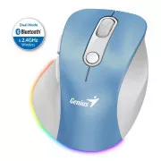 Mouse Genius Ergo 9000S Pro, wireless, optic, 2400 DPI, 6 butoane, BT, 2,4 GHz, încărcare USB-C, silențios, lumină de fundal în 7 culori, albastru-alb
