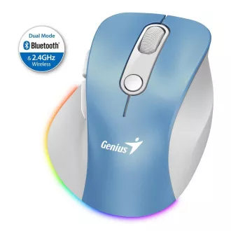 Mouse Genius Ergo 9000S Pro, wireless, optic, 2400 DPI, 6 butoane, BT, 2,4 GHz, încărcare USB-C, silențios, lumină de fundal în 7 culori, albastru-alb Mouse Genius Ergo 9000S Pro, wireless, optic, 2400 DPI, 6 butoane, BT, 2,4 GHz, încărcare USB-C, silențios, lumină de fundal în 7 culori, albastru-alb