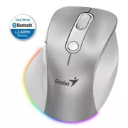 Mouse Genius Ergo 9000S Pro, wireless, optic, 2400 DPI, 6 butoane, BT, 2,4 GHz, încărcare USB-C, silențios, iluminare de fundal în 7 culori, argintiu