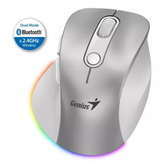 Mouse Genius Ergo 9000S Pro, wireless, optic, 2400 DPI, 6 butoane, BT, 2,4 GHz, încărcare USB-C, silențios, iluminare de fundal în 7 culori, argintiu
