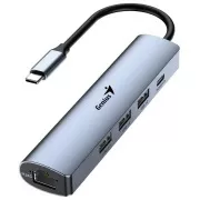 Hub USB Genius UH-545, extern, USB-C la 3x USB 3.0, 1x USB-C, RJ-45 Gigabit Ethernet, 15 cm, gri