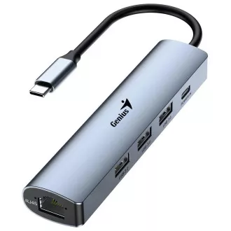 Hub USB Genius UH-545, extern, USB-C la 3x USB 3.0, 1x USB-C, RJ-45 Gigabit Ethernet, 15 cm, gri