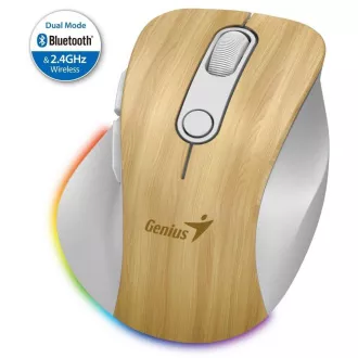 Mouse Genius Ergo 9000S Pro, wireless, optic, 2400 DPI, 6 butoane, Bluetooth, 2.4 GHz, încărcare USB-C, silențios, bază cu 7 bare, lemn de pin
