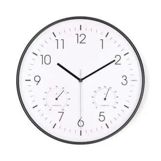 Nedis CLWA4226BK - Ceas de perete | Diametru: 300 mm | Plastic | Mecanism silențios | Termometru | Higrometru | Alb / Negru