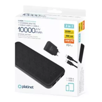 PLATINET POWER BANK 10000 mAh + ÎNCĂRCĂTOR PD 20W + cablu USB-C negru PLATINET POWER BANK 10000 mAh + ÎNCĂRCĂTOR PD 20W + cablu USB-C negru