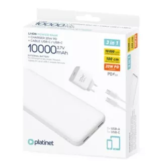 PLATINET POWER BANK 10000 mAh + ÎNCĂRCĂTOR PD 20W + cablu USB-C alb PLATINET POWER BANK 10000 mAh + ÎNCĂRCĂTOR PD 20W + cablu USB-C alb