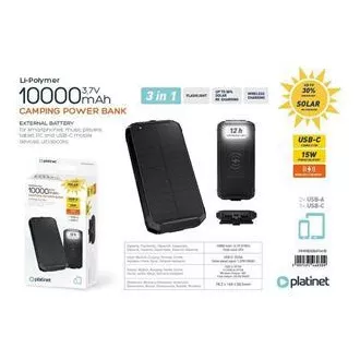 PLATINET POWERBANK 10000 mAh PANOU SOLAR ÎNCĂRCĂTOR FĂRĂ FĂRĂ 15W 2X USB-A, 1X USB-C