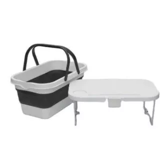 COȘ PICNIC CAMPING PLATINET 47X29X23.5 CM, 16L, PLIABIL, CU CAPAC 2 ÎN 1 / MASĂ ALB-GRI