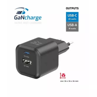 ADAPTATOR DE REȚEA ELVETIAN GaN 1x USB-C 20W PD + 1x USB-A 18W QC NEGRU