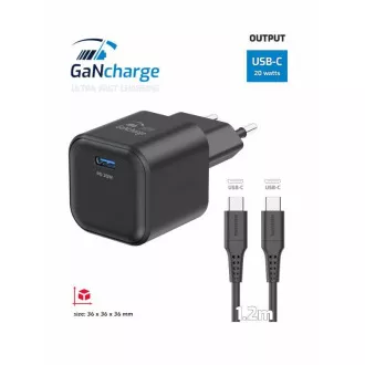 ADAPTATOR DE REȚEA ELVETIAN GaN 1x USB-C 20W LIVRARE ENERGIE NEGRU + CABL DE DATE USB-C/USB-C 1,2 M NEGRU