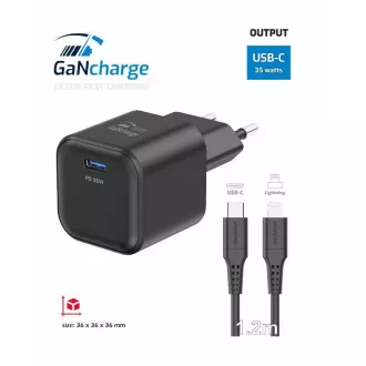 ADAPTATOR DE REȚEA ELVETIAN GaN 1x USB-C 35W PUTERIA DE LIVRARE NEGRU + CABL DE DATE USB-C/LIGHTNING 1,2 M NEGRU