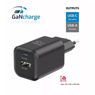 ADAPTATOR DE REȚEA ELVETIAN GaN 1x USB-C 45W PD + 1x USB-A 18W QC NEGRU