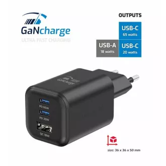 ADAPTATOR DE REȚEA ELVETIAN GaN 2x USB-C 65W PD + 1x USB-A 18W QC NEGRU
