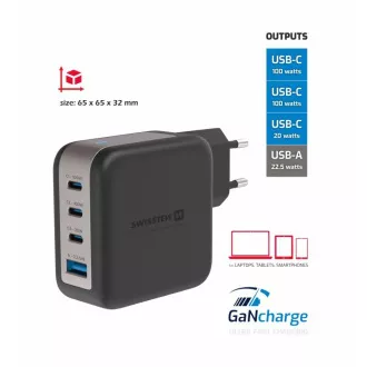 ADAPTATOR DE REȚEA ELVETIAN GaN 3x USB-C 100W PD + 1x USB-A 18W QC NEGRU
