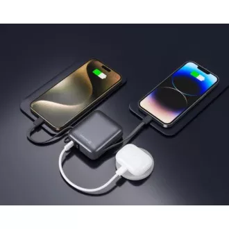 Baterie externă SWISSTEN 10000 mAh cu cablu USB-C și Lightning integrate, culoare argintie