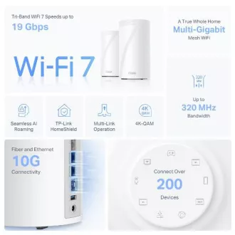TP-Link Deco BE85(1-pachet) BE19000 Sistem WiFi 7 Mesh cu trei benzi, 1x 10GLAN, 2x 2.5GLAN, 1x 10GLAN/SFP+, USB, 2.4/5/6GHz, HomeShiel