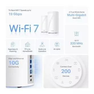TP-Link Deco BE85(1-pachet) BE19000 Sistem WiFi 7 Mesh cu trei benzi, 1x 10GLAN, 2x 2.5GLAN, 1x 10GLAN/SFP+, USB, 2.4/5/6GHz, HomeShiel