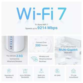 TP-Link Deco BE65(1-pachet) BE9300 Sistem WiFi Mesh 7 cu trei benzi pentru toată casa, 4x 2.5GLAN, USB, 2.4/5/6GHz, HomeShi