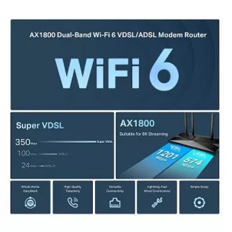 TP-Link Archer VX1800V - AX1800 Modem și router Wi-Fi 6 VDSL/ADSL, USB 2.0 pentru 3G/4G și media, RJ-11 pentru telefon VoIP, Eas