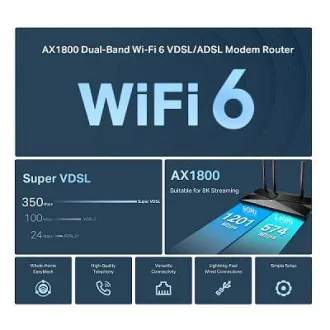 TP-Link Archer VX1800V - AX1800 Modem și router Wi-Fi 6 VDSL/ADSL, USB 2.0 pentru 3G/4G și media, RJ-11 pentru telefon VoIP, Eas - Utilizat