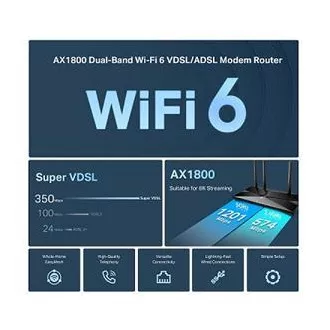 TP-Link Archer VX1800V - AX1800 Modem și router Wi-Fi 6 VDSL/ADSL, USB 2.0 pentru 3G/4G și media, RJ-11 pentru telefon VoIP, Eas