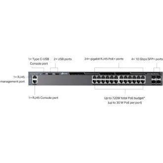 Switch TP-Link SG6428XHP Omada, 24 de porturi Gigabit RJ45, stivuibil, L3 PoE+, buget total PoE de 720 W