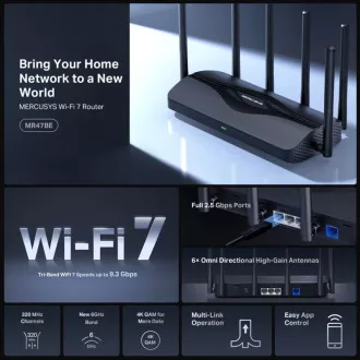 MERCUSYS MR47BE - Router Wi-Fi 7 tri-bandă BE9300, 2.5G WAN, 3x 2.5G LAN, EasyMesh
