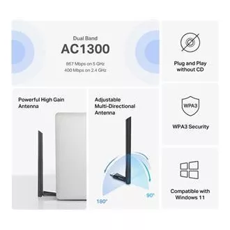 MERCUSYS MA30H - Adaptor USB fără fir cu bandă dublă AC1300 - Antenă, câștig ridicat