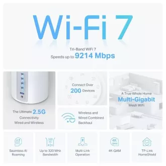 TP-Link Deco BE65 (pachet de 3) BE9300 Sistem WiFi Mesh 7 cu trei benzi pentru toată casa, 4x 2.5GLAN, USB, 2.4/5/6GHz, HomeShi