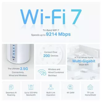 TP-Link Deco BE65 (pachet de 3) BE9300 Sistem WiFi Mesh 7 cu trei benzi pentru toată casa, 4x 2.5GLAN, USB, 2.4/5/6GHz, HomeShi