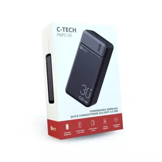 Powerbank C-tech 30000mAh, Li-Pol, 20W, USB-C/USB-A/micro USB