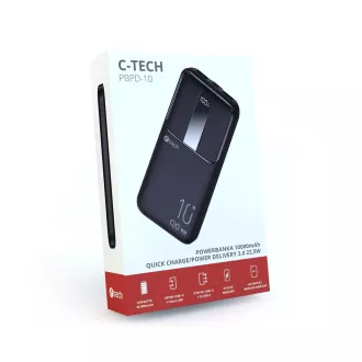 Powerbank C-tech 10000mAh, Li-Pol, 22,5W, USB-C/USB-A/micro USB