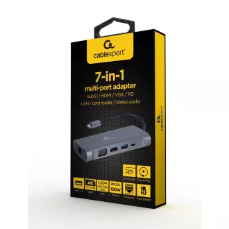 Gembird USB-C 7in1 multiport USB 3.0 + HDMI + VGA + PD + cititor de carduri + audio stereo Gembird USB-C 7in1 multiport USB 3.0 + HDMI + VGA + PD + cititor de carduri + audio stereo