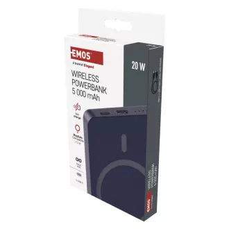 Baterie EMOS Powerbank WI 522, încărcare wireless 20W, 5.000mAh, ALBASTRU, 1xUSB-C
