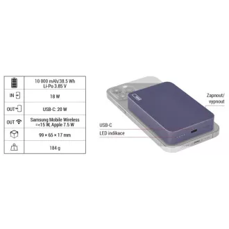 Baterie externă EMOS WI 1046, încărcare wireless 20W, 10.000mAh, ALBASTRU, 1xUSB-C