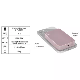Baterie EMOS Powerbank WI1046, încărcare wireless 20W, 10.000mAh, SALMON, 1xUSB-C