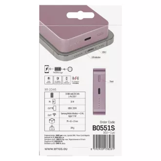 Baterie EMOS Powerbank WI1046, încărcare wireless 20W, 10.000mAh, SALMON, 1xUSB-C