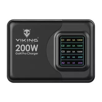 Încărcător USB GaN Viking 200W PD PRO/adaptor de alimentare/Ieșire: 3xUSB-C, 2xUSB-A/Încărcare rapidă/
