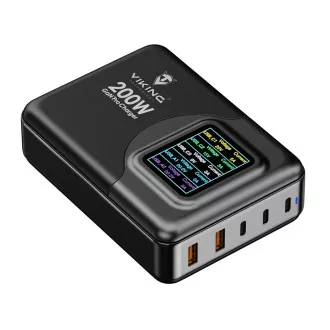 Încărcător USB GaN Viking 200W PD PRO/adaptor de alimentare/Ieșire: 3xUSB-C, 2xUSB-A/Încărcare rapidă/