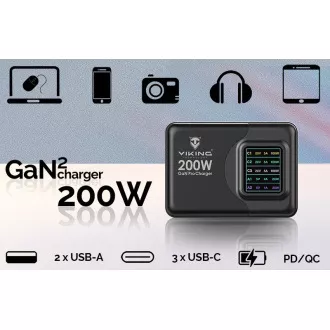 Încărcător USB GaN Viking 200W PD PRO/adaptor de alimentare/Ieșire: 3xUSB-C, 2xUSB-A/Încărcare rapidă/